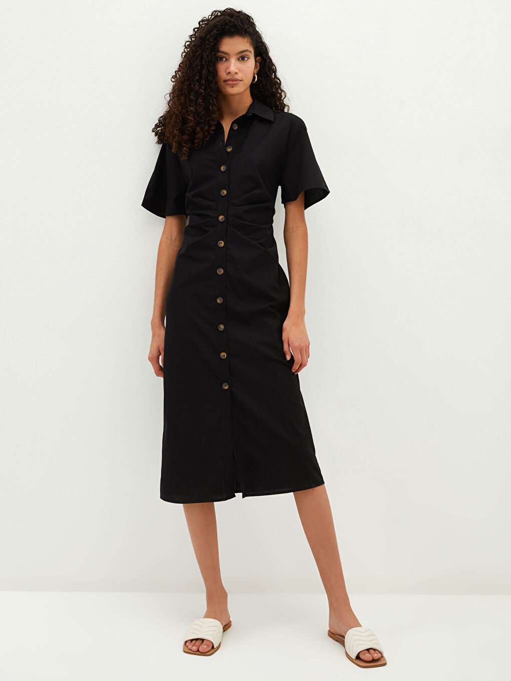 Robe Chemise Unie à Manches Courtes en Popeline pour Femmes