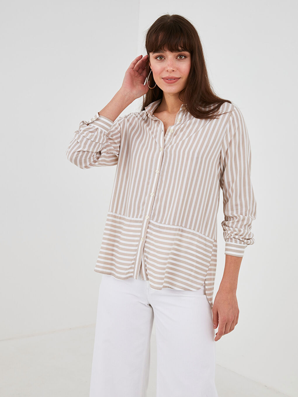Striped Front Buttoned Long Sleeve Viscose Women's Shirt-3