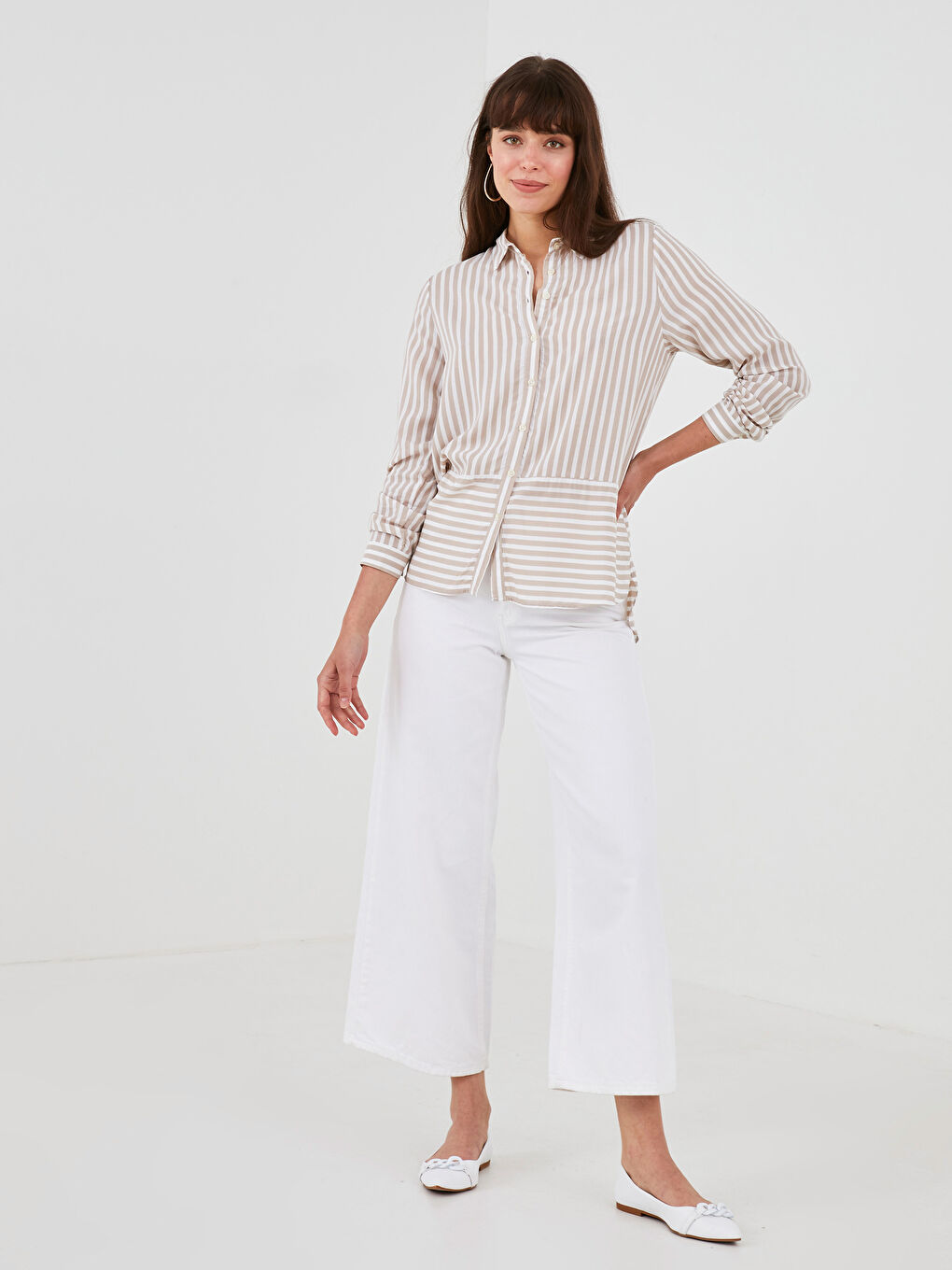 Striped Front Buttoned Long Sleeve Viscose Women's Shirt-4