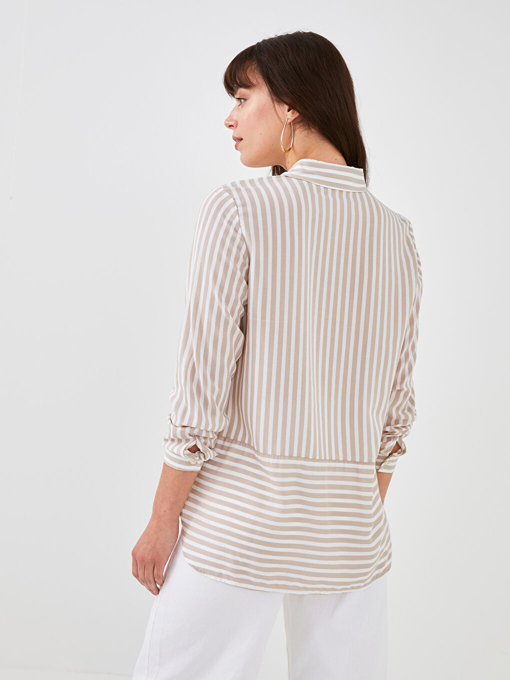 Striped Front Buttoned Long Sleeve Viscose Women's Shirt-5