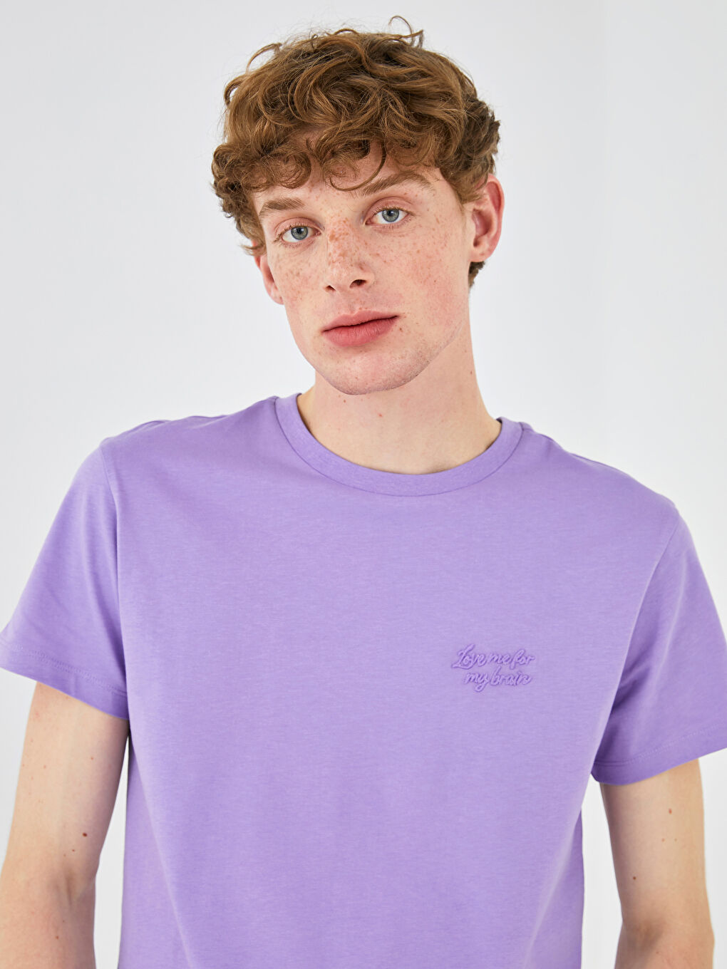 Lila Bisiklet Yaka Kısa Kollu Basic Penye Erkek Tişört-1