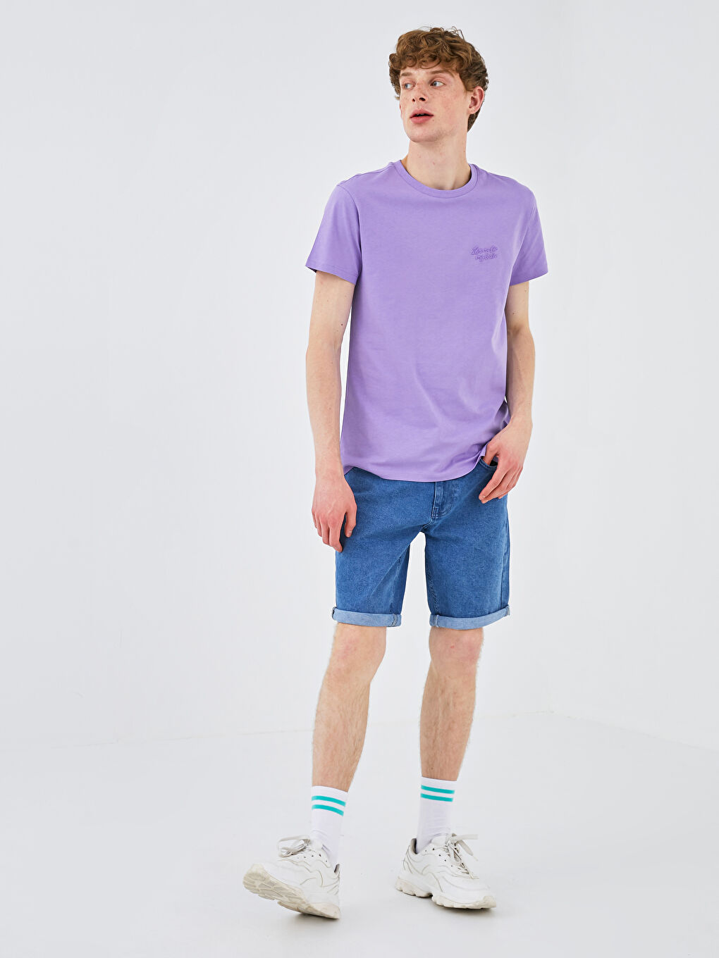 Lila Bisiklet Yaka Kısa Kollu Basic Penye Erkek Tişört-2