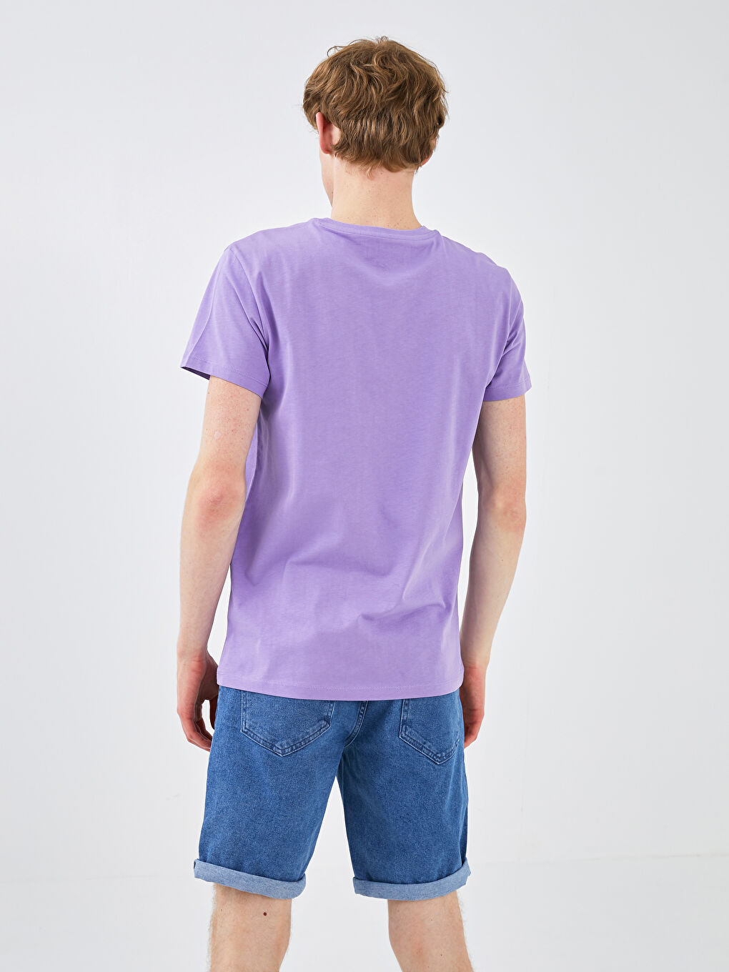 Lila Bisiklet Yaka Kısa Kollu Basic Penye Erkek Tişört-3