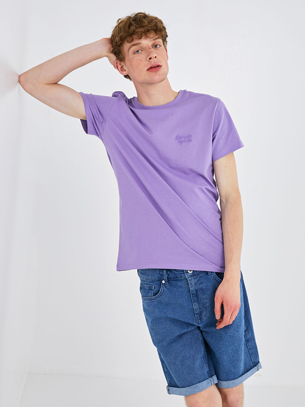 Lila Bisiklet Yaka Kısa Kollu Basic Penye Erkek Tişört-4