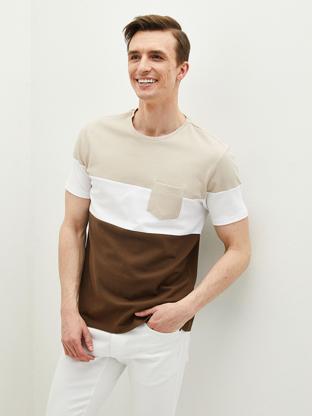 Kahverengi Bisiklet Yaka Kısa Kollu Renk Bloklu Pike Erkek Tişört