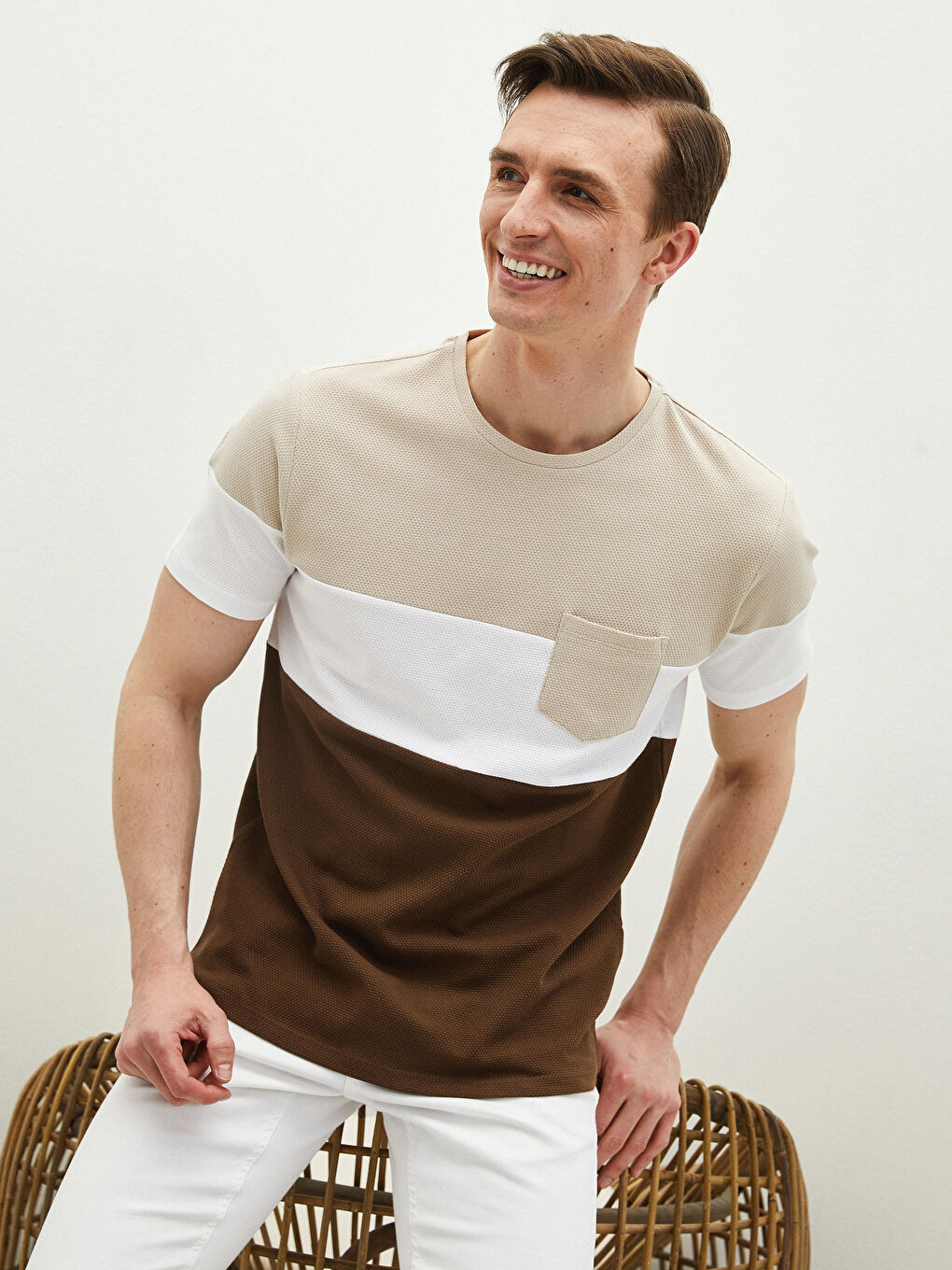 Kahverengi Bisiklet Yaka Kısa Kollu Renk Bloklu Pike Erkek Tişört-1