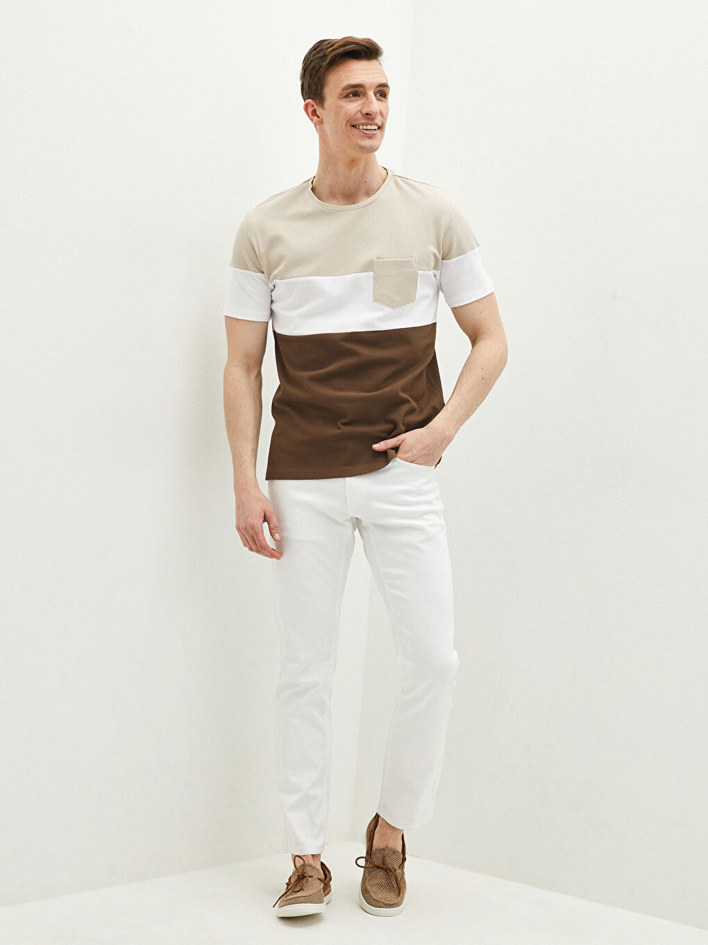 Kahverengi Bisiklet Yaka Kısa Kollu Renk Bloklu Pike Erkek Tişört-2