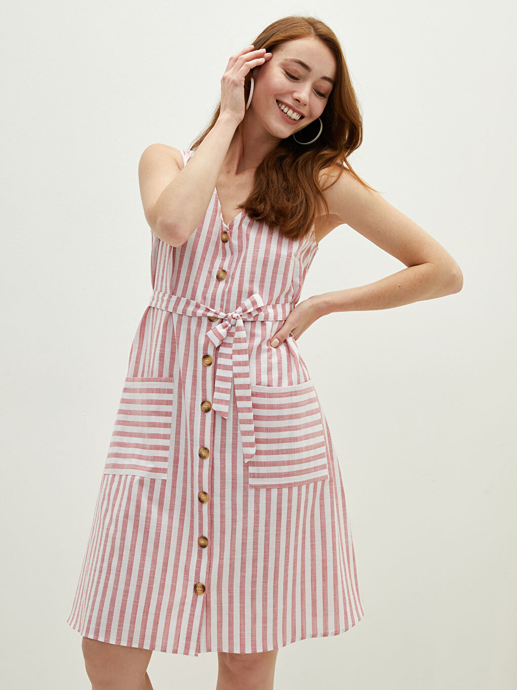 Kırmızı V Yaka Çizgili Kolsuz Cep Detaylı Pamuklu Kadın Elbise