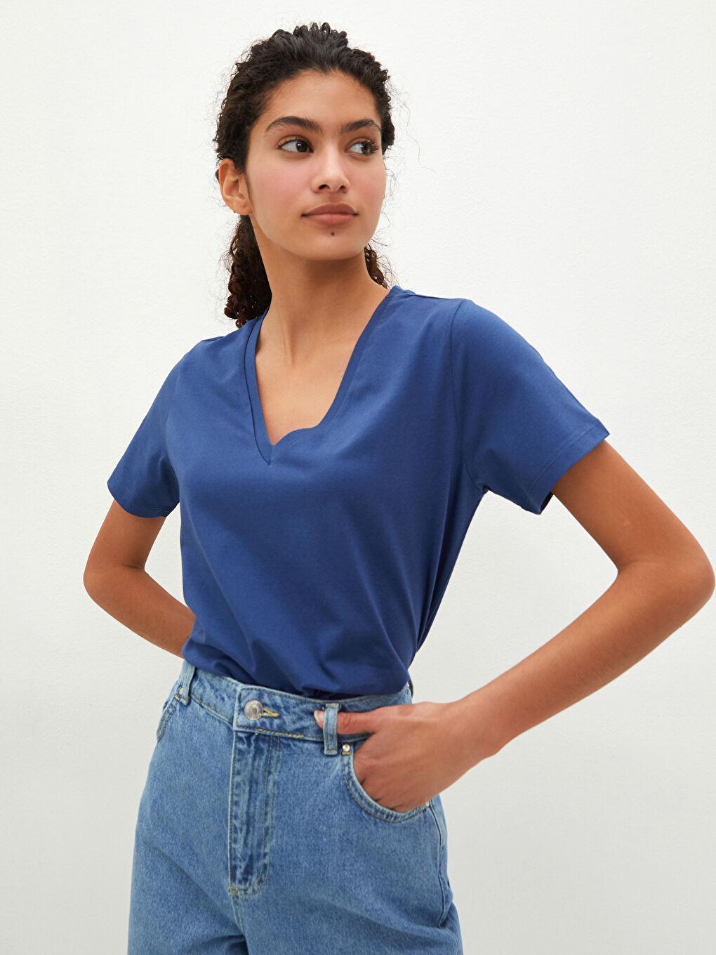 V-Neck Plain Short Sleeve Women's T-Shirt-1