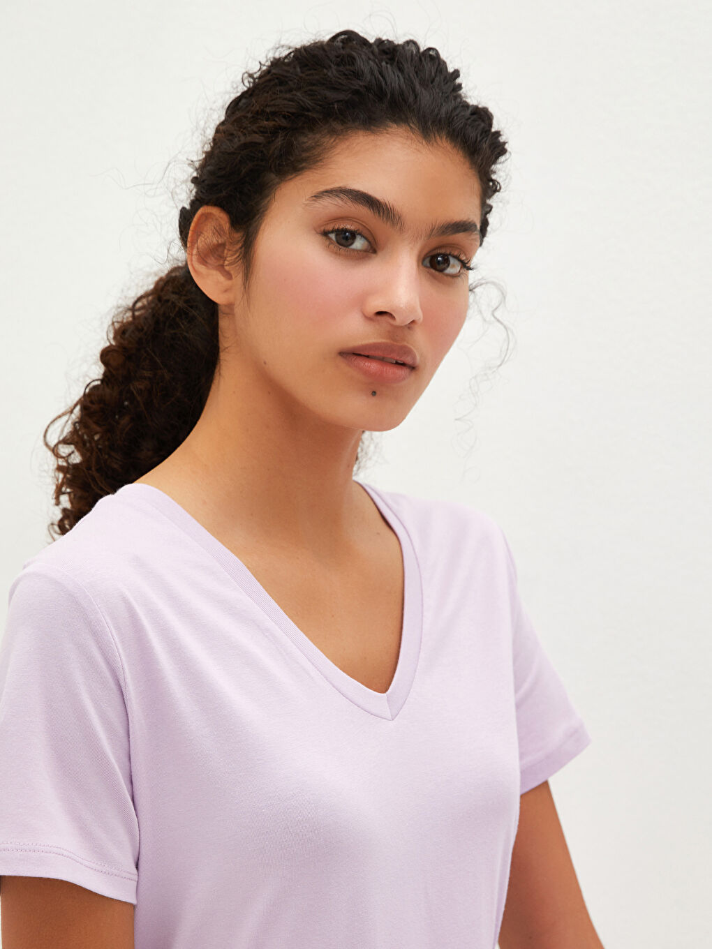 V-Neck Plain Short Sleeve Women's T-Shirt-2