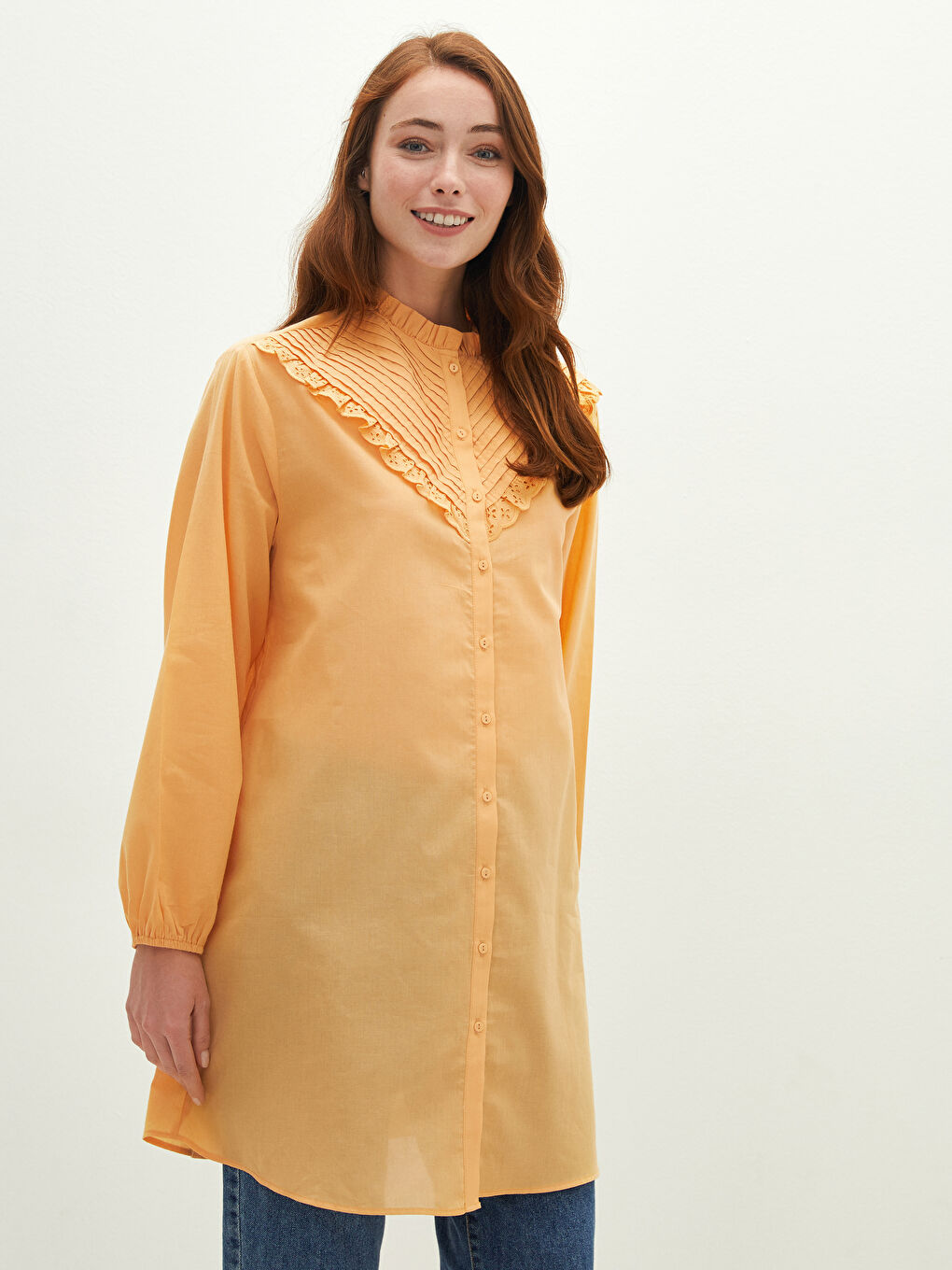 Frilly Collar Embroidered Long Sleeve Poplin Women's Tunic