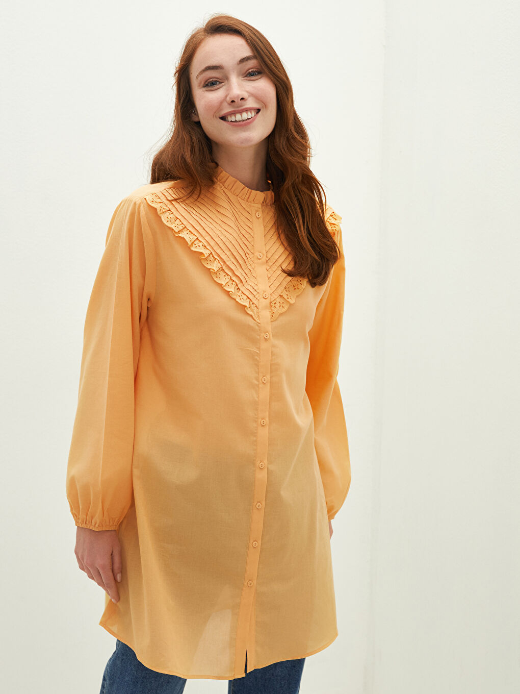 Frilly Collar Embroidered Long Sleeve Poplin Women's Tunic-1