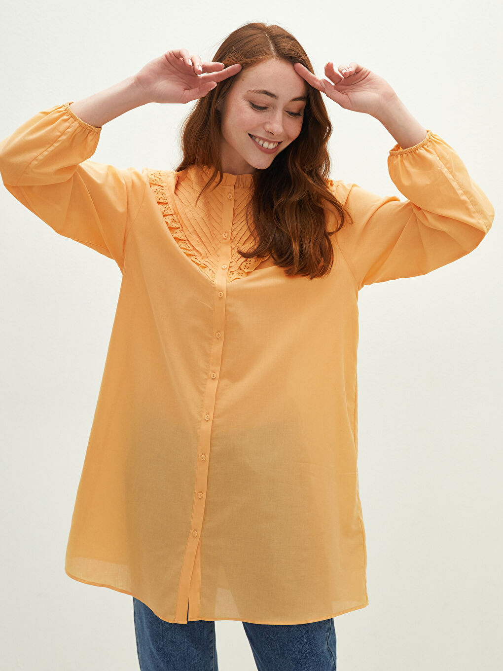 Frilly Collar Embroidered Long Sleeve Poplin Women's Tunic-3