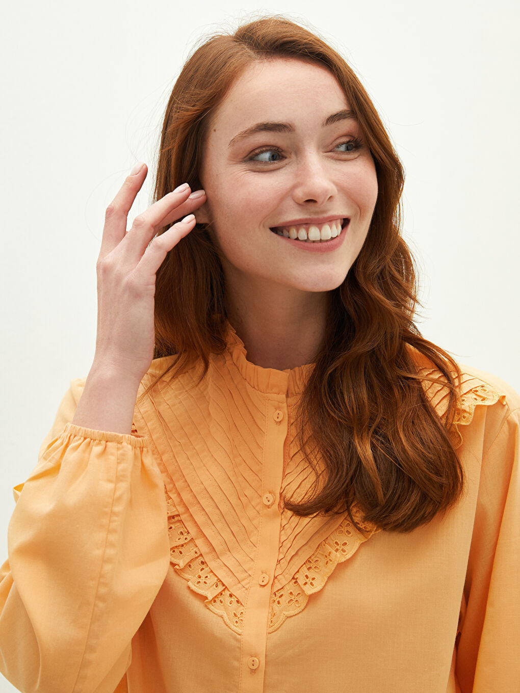 Frilly Collar Embroidered Long Sleeve Poplin Women's Tunic-4