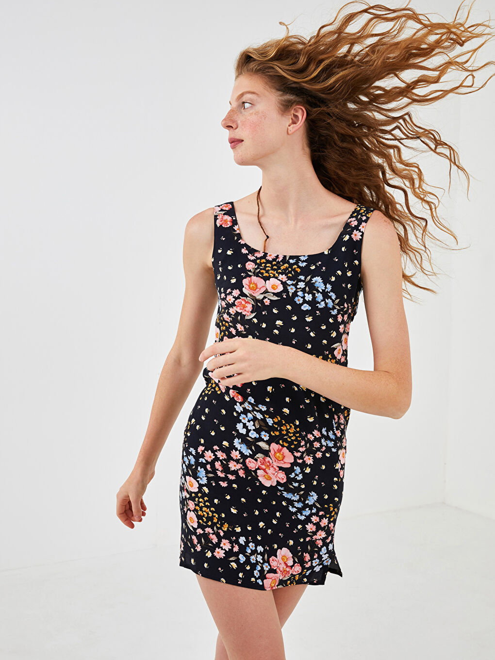 Square Neck Patterned Viscose Women's Dress-6