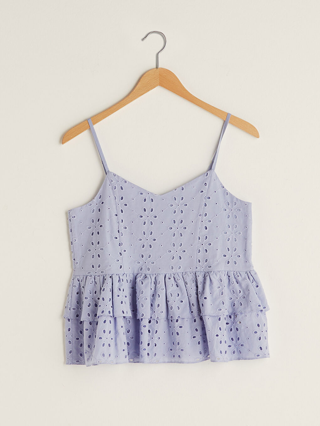 Lila Askılı Nakışlı Kat Kat Fırfır Detaylı Pamuklu Kadın Bluz-6