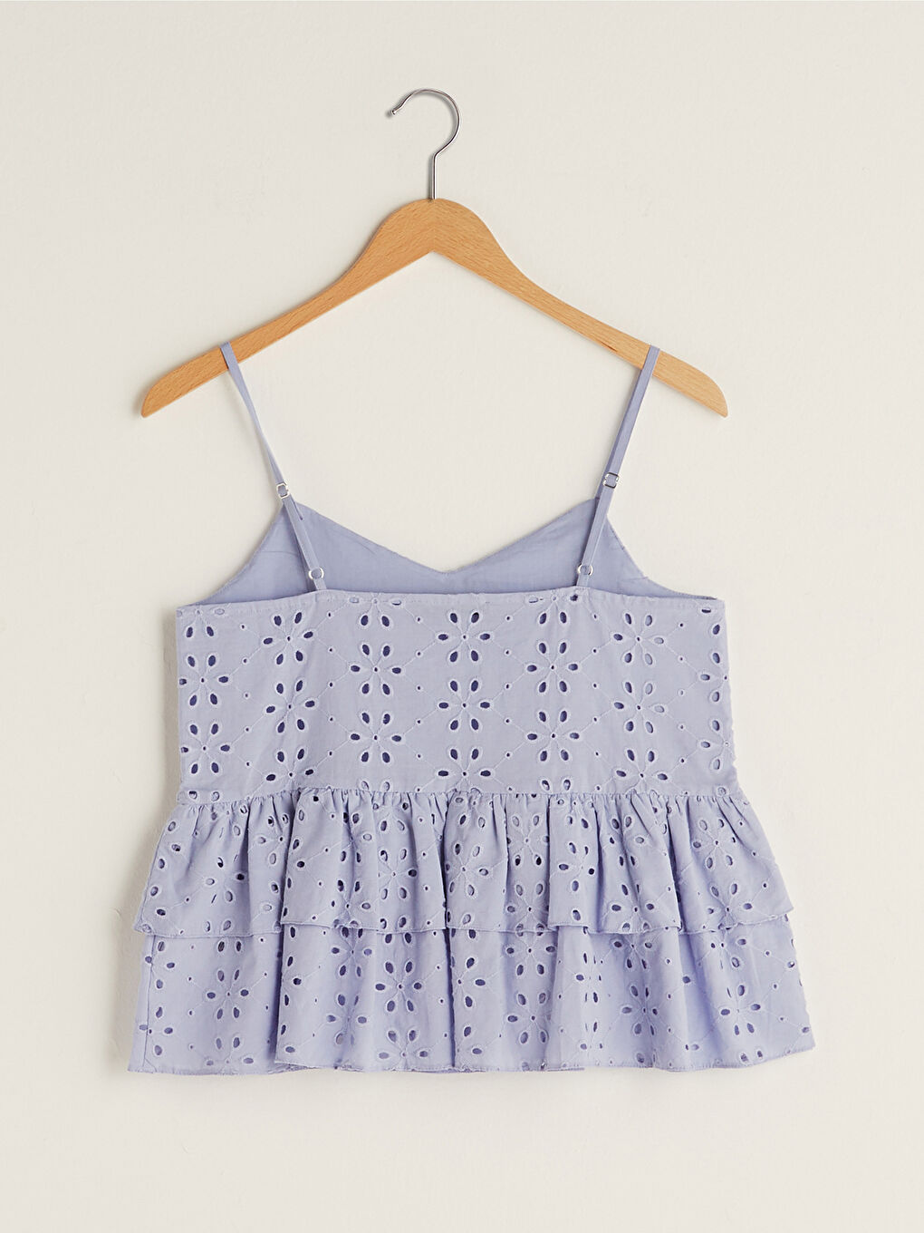 Lila Askılı Nakışlı Kat Kat Fırfır Detaylı Pamuklu Kadın Bluz-7