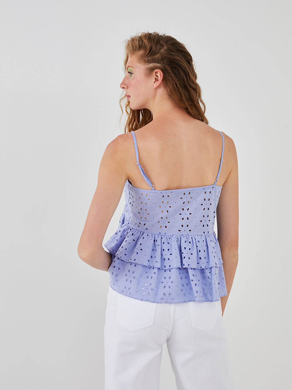 Lila Askılı Nakışlı Kat Kat Fırfır Detaylı Pamuklu Kadın Bluz-4