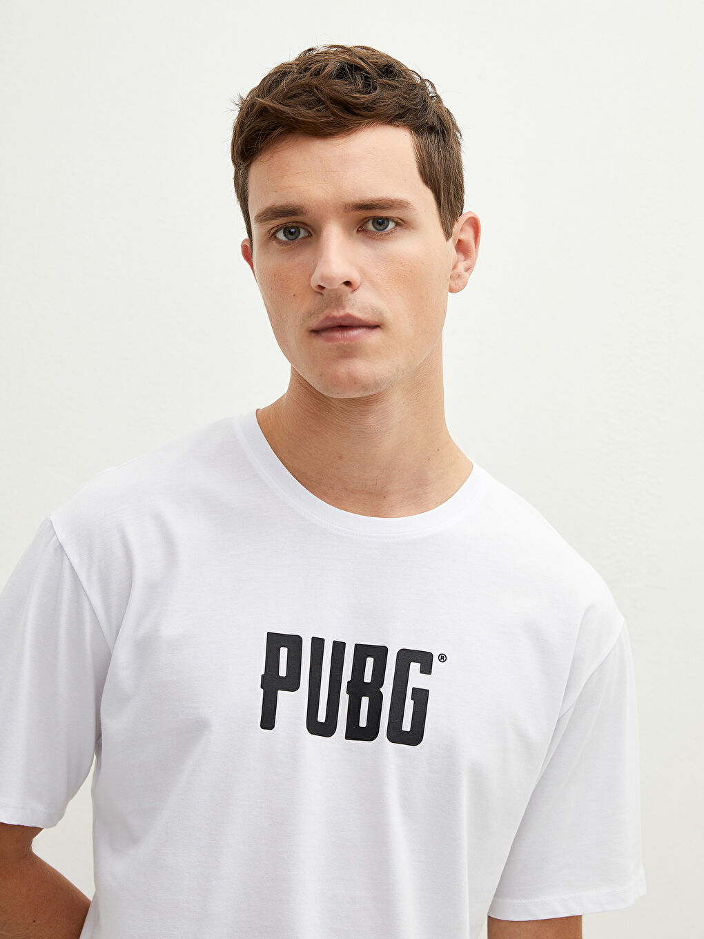 Beyaz Bisiklet Yaka Kısa Kollu Pubg Baskılı Penye Erkek Tişört-2