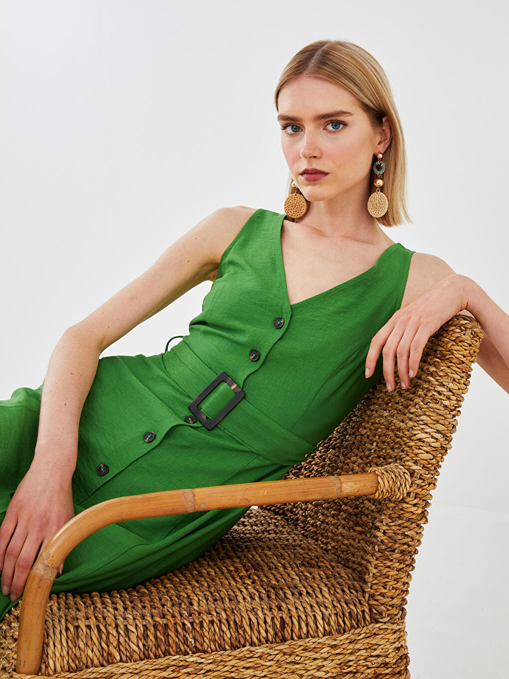 V-Neck Straight Front Buttoned Waist Belt Women's Dress-2