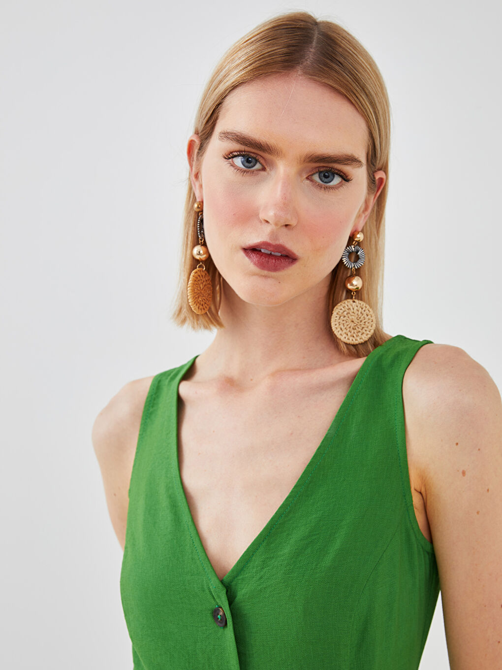 V-Neck Straight Front Buttoned Waist Belt Women's Dress-3