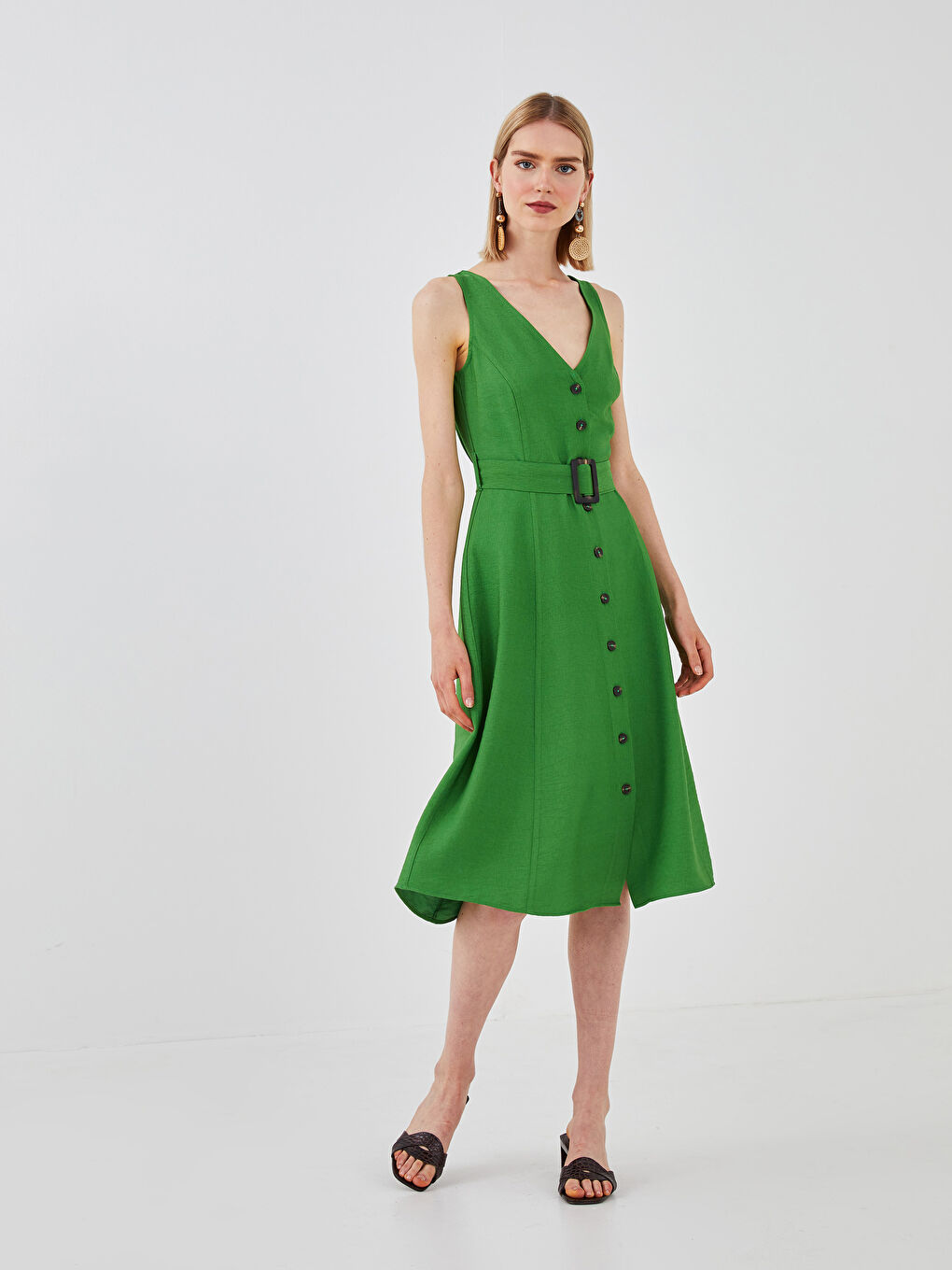 V-Neck Straight Front Buttoned Waist Belt Women's Dress-4