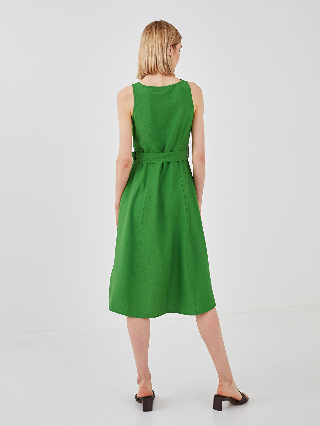 V-Neck Straight Front Buttoned Waist Belt Women's Dress-6