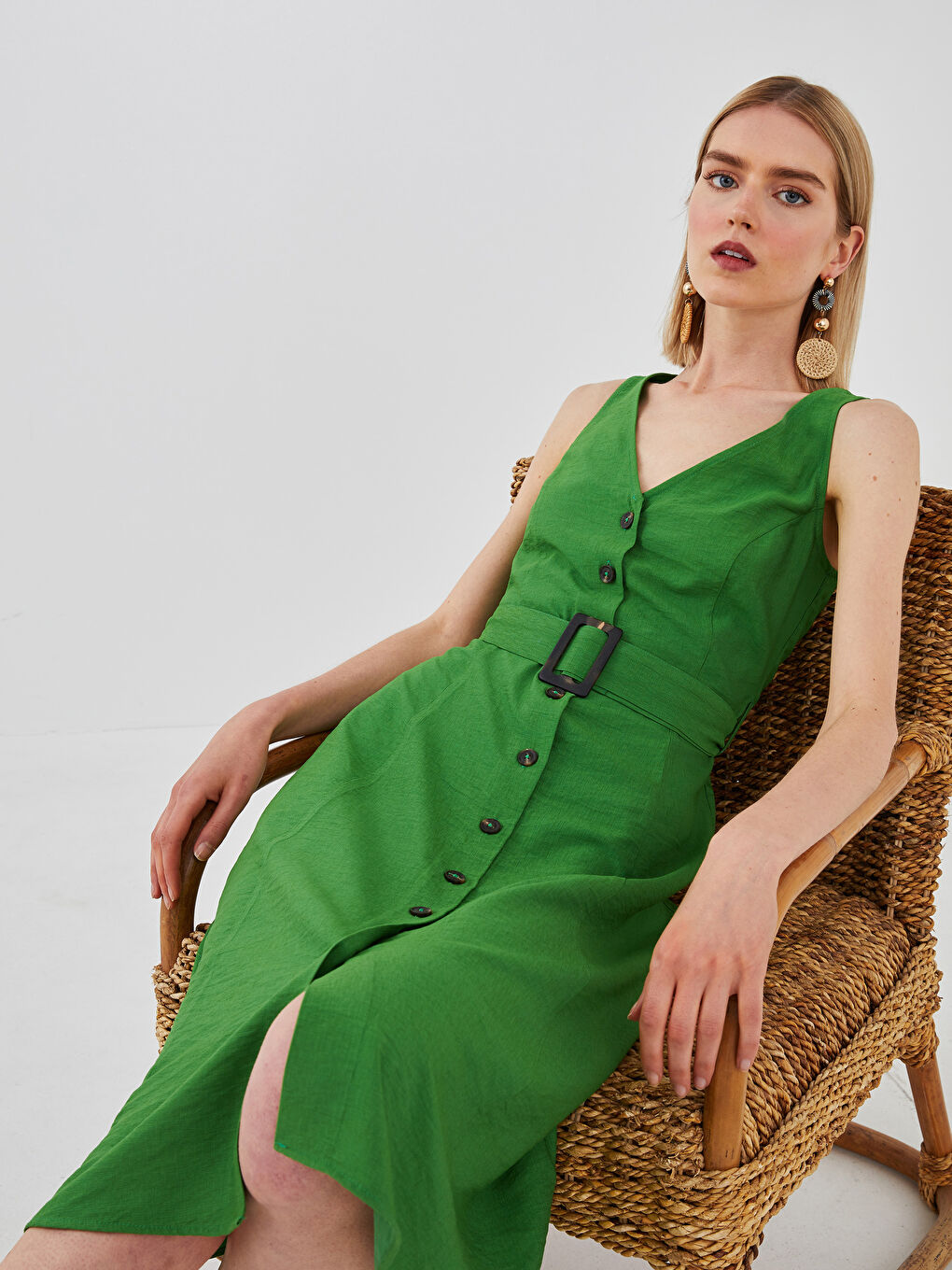 V-Neck Straight Front Buttoned Waist Belt Women's Dress