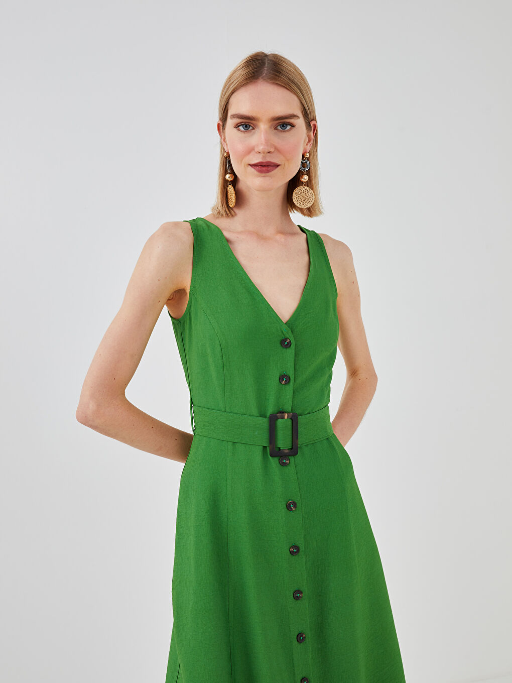 V-Neck Straight Front Buttoned Waist Belt Women's Dress-1