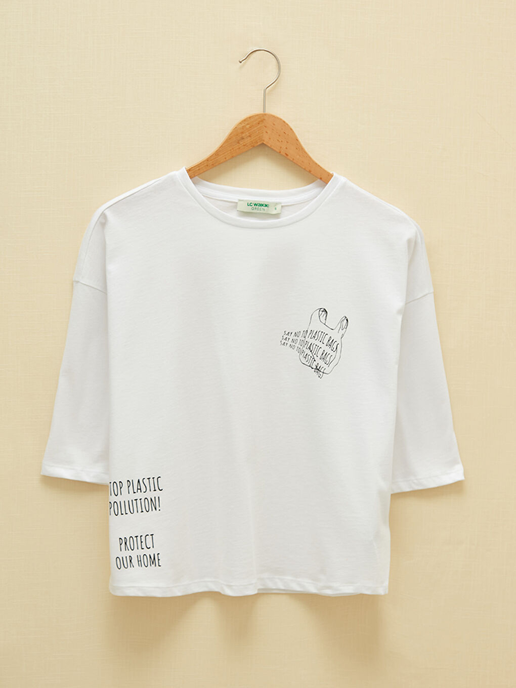 Beyaz Bisiklet Yaka Baskılı Kısa Kollu Kadın Tişört-6