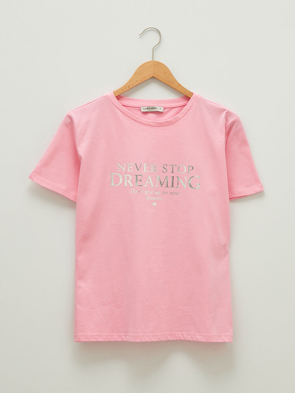 Pembe Bisiklet Yaka Baskılı Kısa Kollu Pamuklu Kadın Tişört-6