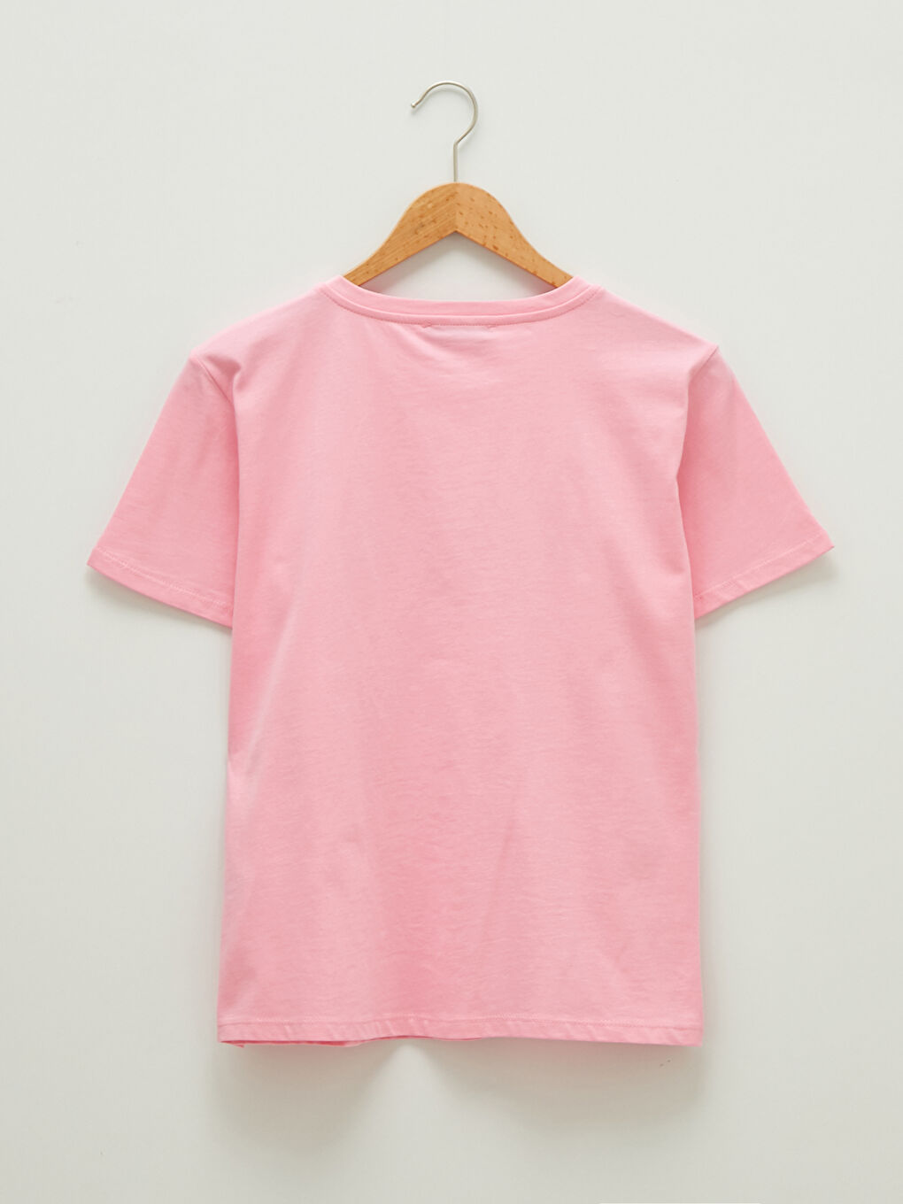 Pembe Bisiklet Yaka Baskılı Kısa Kollu Pamuklu Kadın Tişört-7