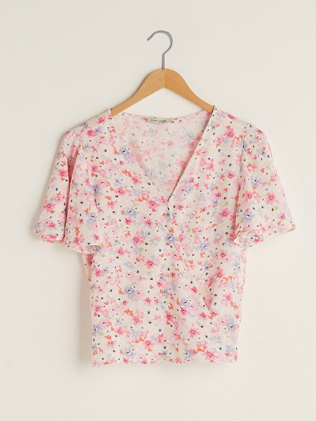 Double Breasted Floral Short Sleeve Crinkle Fabric Women's Blouse-5