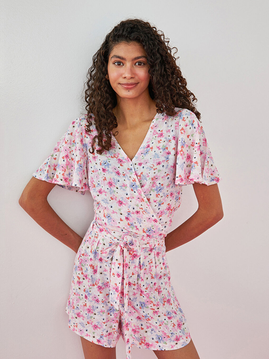 Double Breasted Floral Short Sleeve Crinkle Fabric Women's Blouse-2