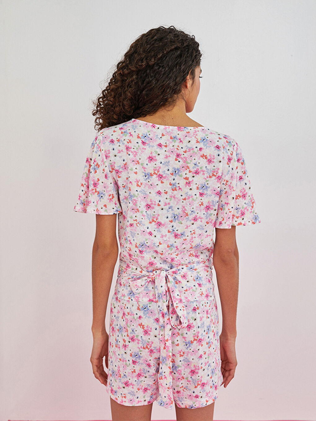 Double Breasted Floral Short Sleeve Crinkle Fabric Women's Blouse-4