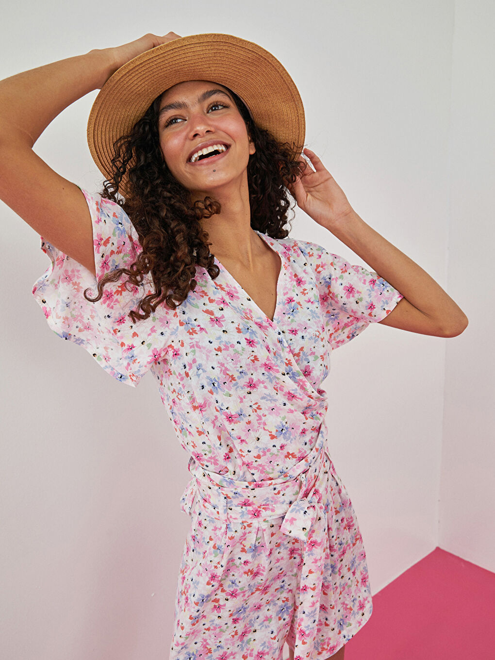 Double Breasted Floral Short Sleeve Crinkle Fabric Women's Blouse