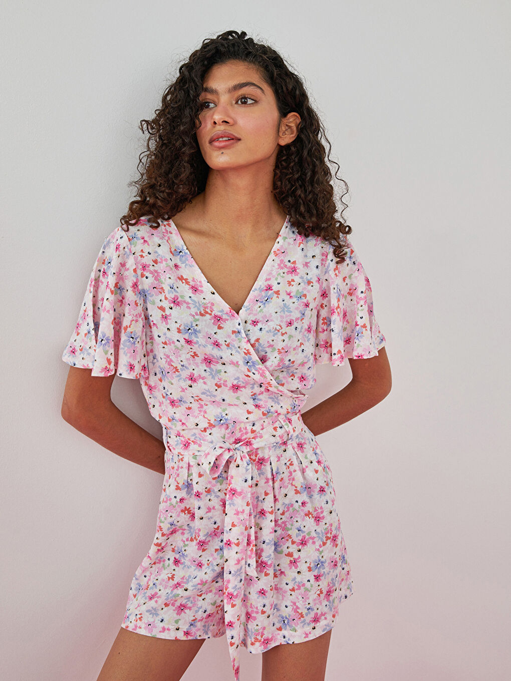 Double Breasted Floral Short Sleeve Crinkle Fabric Women's Blouse-1
