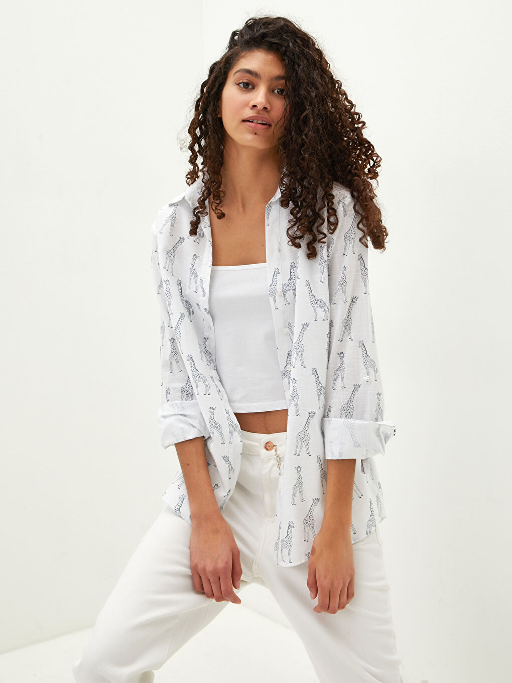 Printed Button-Down Long Sleeve Poplin Women's Shirt-1