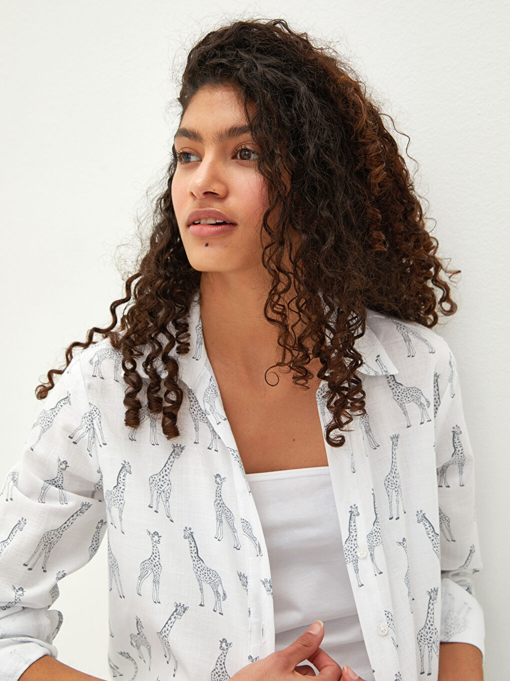 Printed Button-Down Long Sleeve Poplin Women's Shirt-4