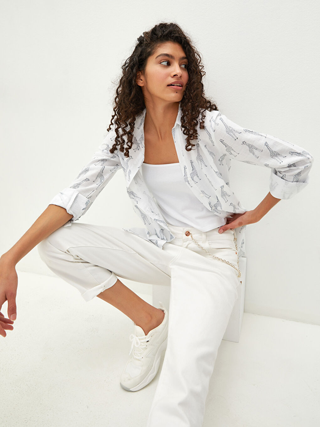 Printed Button-Down Long Sleeve Poplin Women's Shirt-5