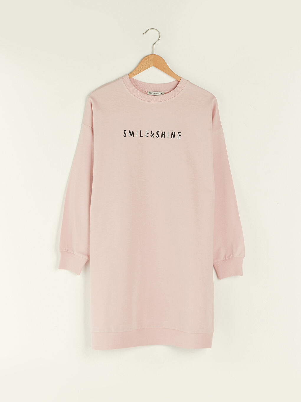 Pembe Bisiklet Yaka Baskılı Uzun Kollu Kadın Sweatshirt Tunik-5