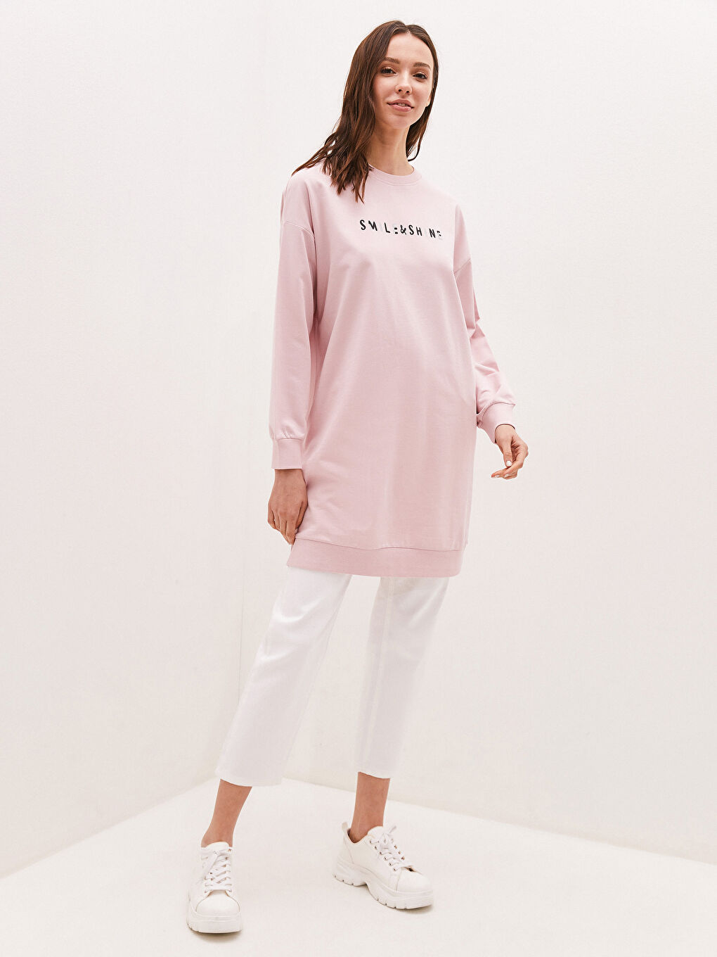 Pembe Bisiklet Yaka Baskılı Uzun Kollu Kadın Sweatshirt Tunik-2