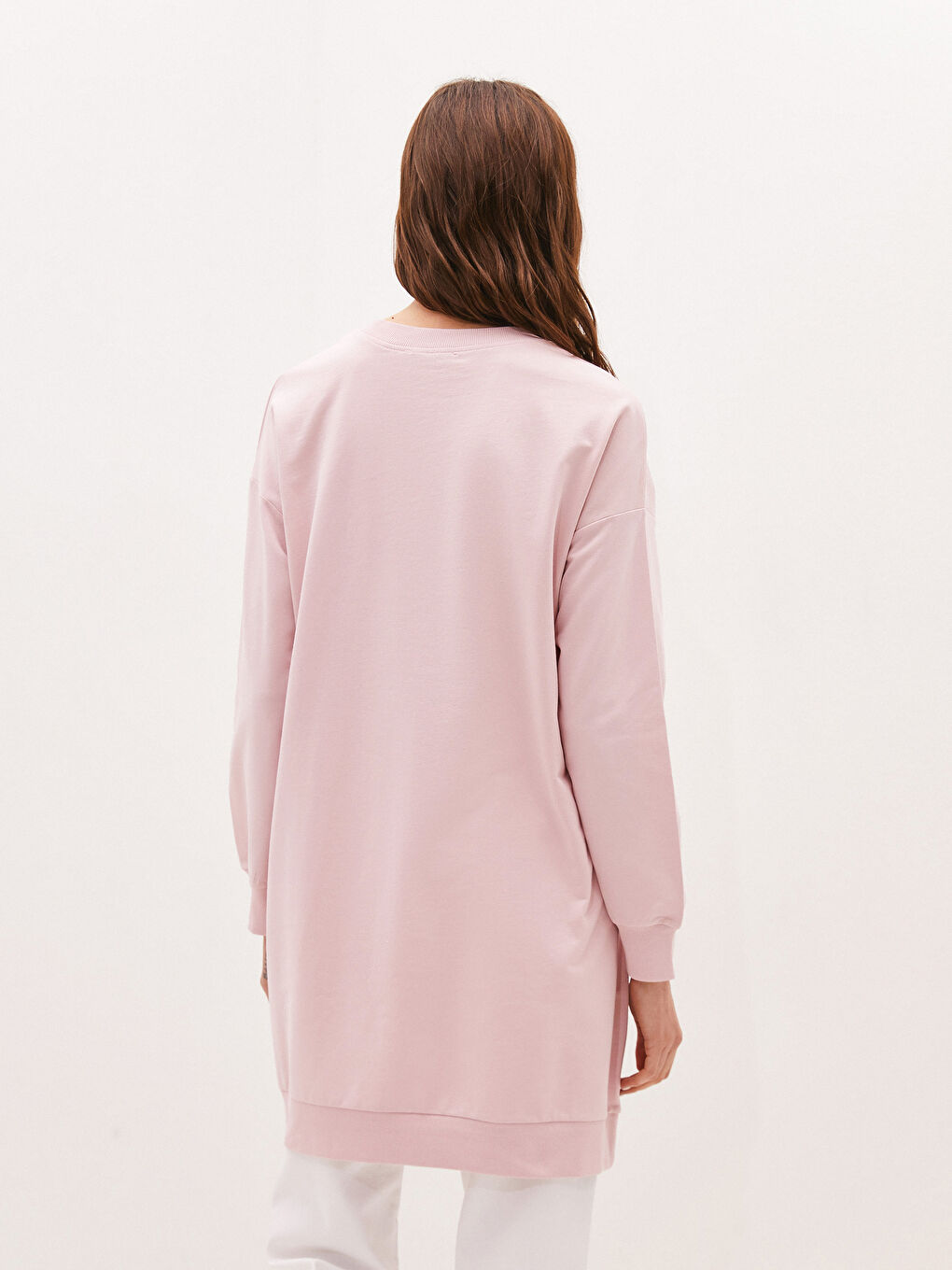 Pembe Bisiklet Yaka Baskılı Uzun Kollu Kadın Sweatshirt Tunik-3