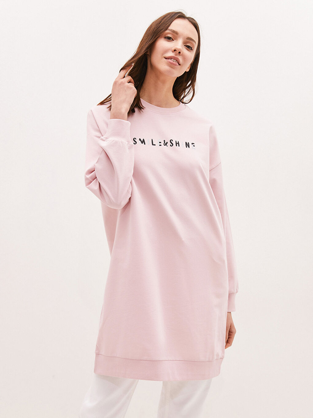 Pembe Bisiklet Yaka Baskılı Uzun Kollu Kadın Sweatshirt Tunik-4