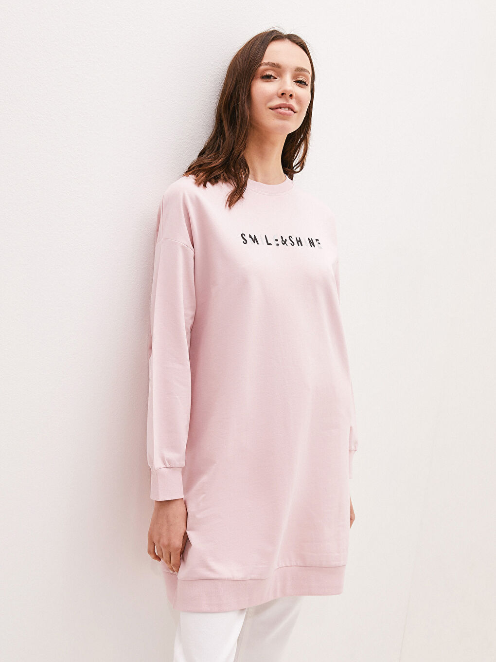 Pembe Bisiklet Yaka Baskılı Uzun Kollu Kadın Sweatshirt Tunik