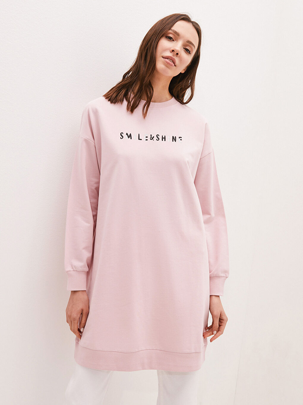 Pembe Bisiklet Yaka Baskılı Uzun Kollu Kadın Sweatshirt Tunik-1