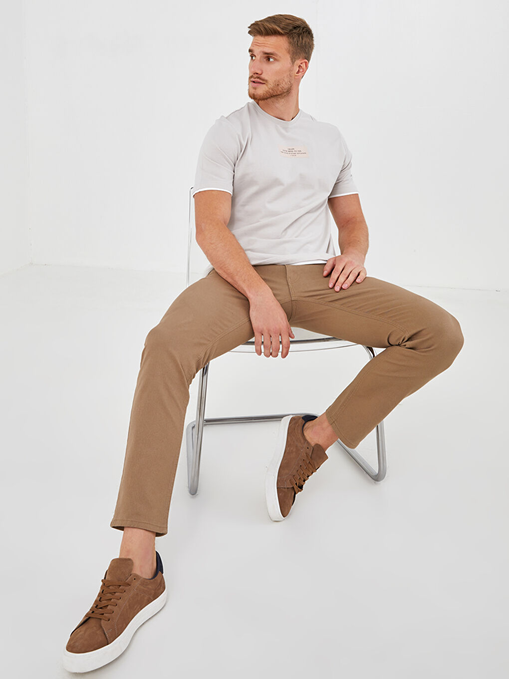 Gri Bisiklet Yaka Kısa Kollu Baskılı Penye Erkek Tişört-4