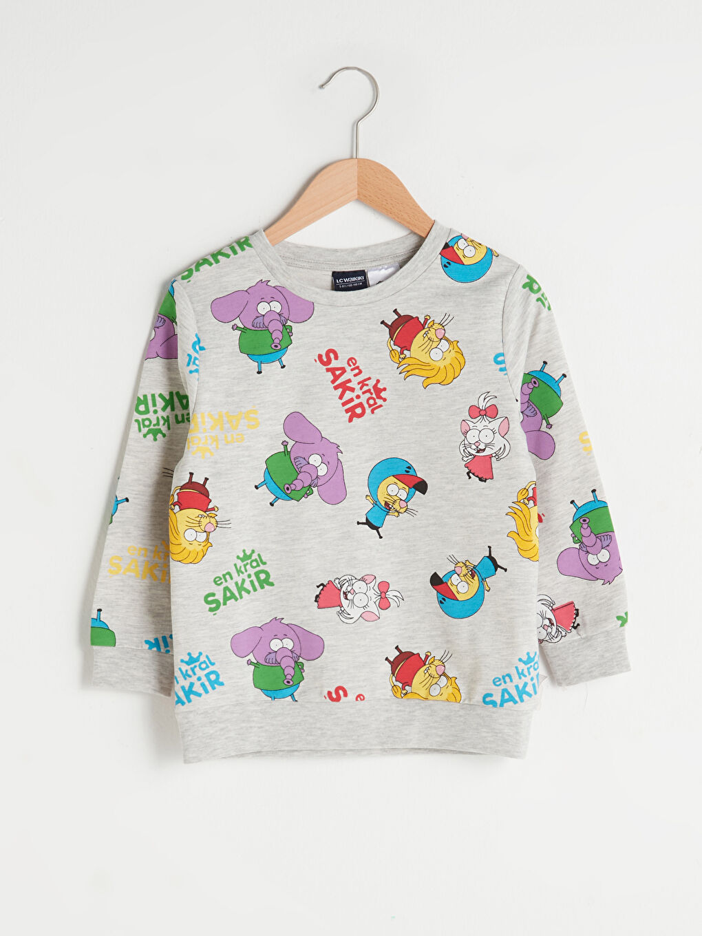 Gri Bisiklet Yaka Kral Şakir Baskılı Uzun Kollu Erkek Çocuk Sweatshirt