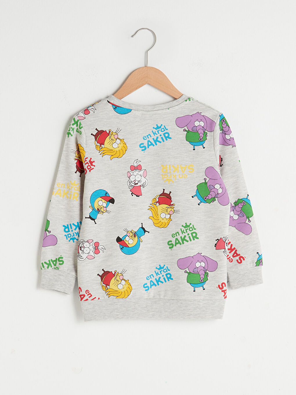 Gri Bisiklet Yaka Kral Şakir Baskılı Uzun Kollu Erkek Çocuk Sweatshirt-1