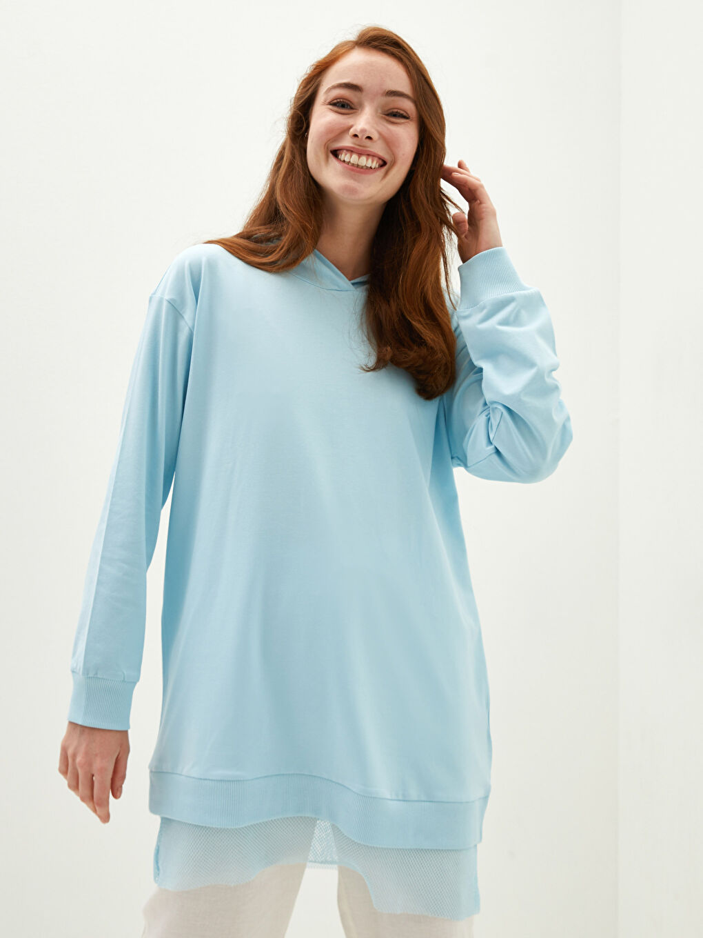 Mavi Kapüşon Yaka File Detaylı Uzun Kollu Kadın Tunik-8